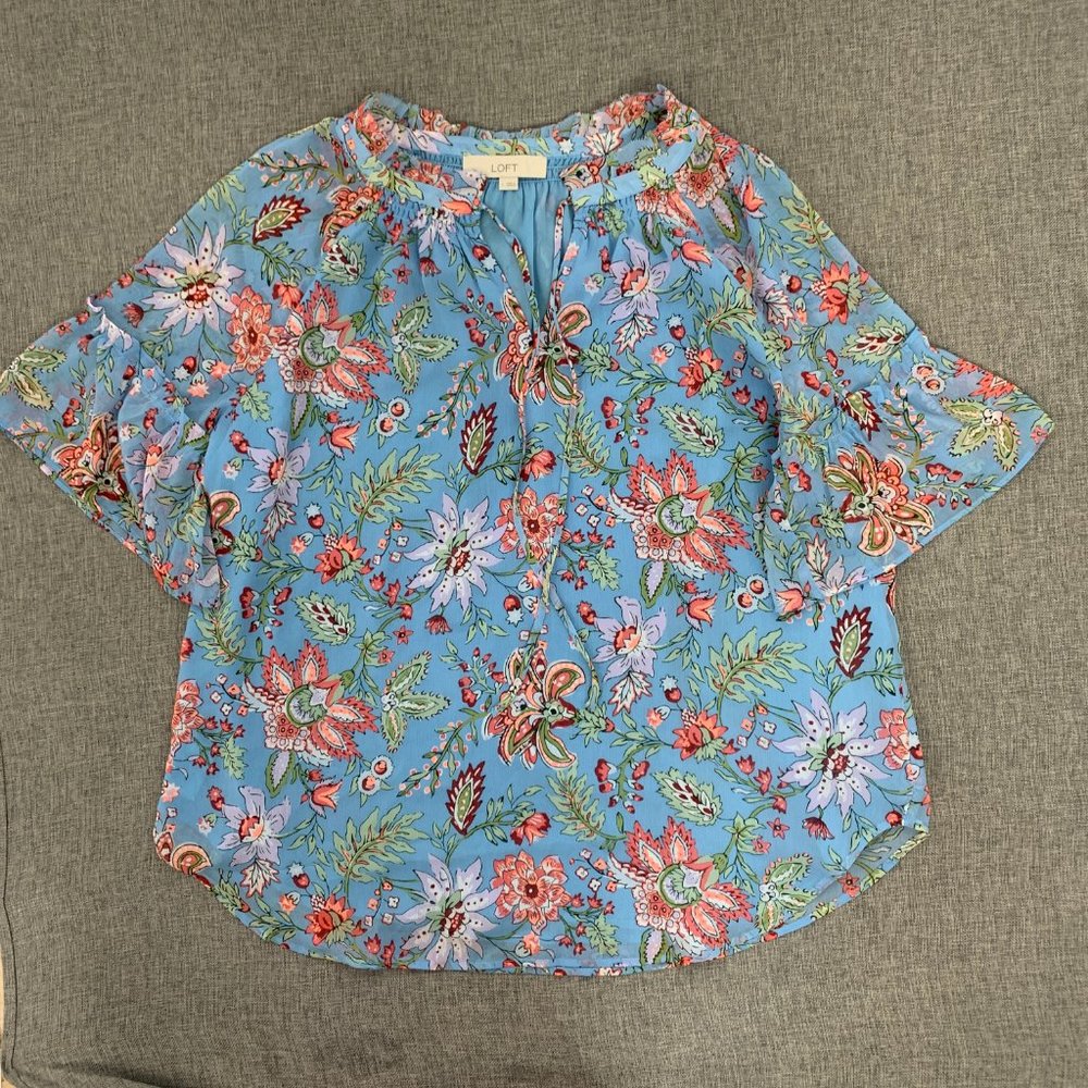 LOFT Floral Blouse Ruffled Sleeves Blue Orange Green Tie Front Lightweight